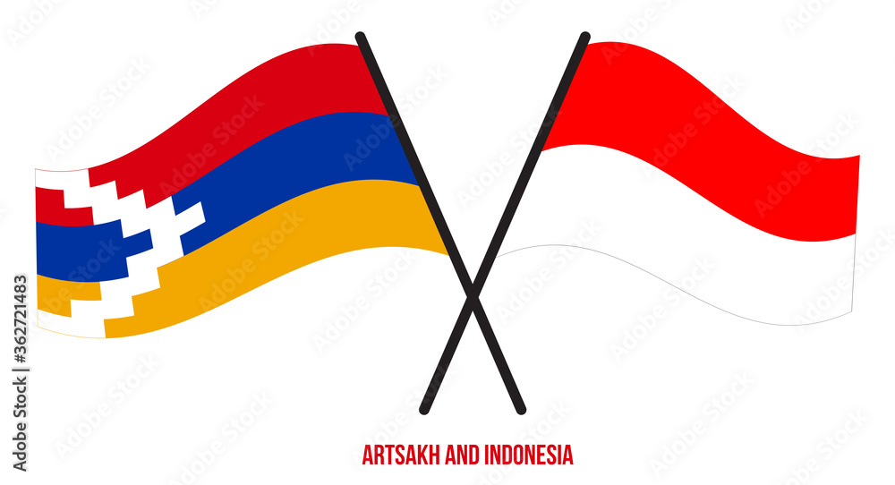 Artsakh and Indonesia Flags Crossed And Waving Flat Style. Official Proportion. Correct Colors. Artsakh and Indonesia Flags Crossed And Waving Flat Style. Official Proportion. Correct Colors.