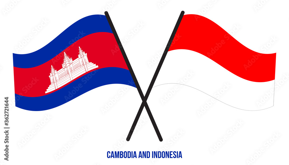 Cambodia and Indonesia Flags Crossed And Waving Flat Style. Official Proportion. Correct Colors. Cambodia and Indonesia Flags Crossed And Waving Flat Style. Official Proportion. Correct Colors.