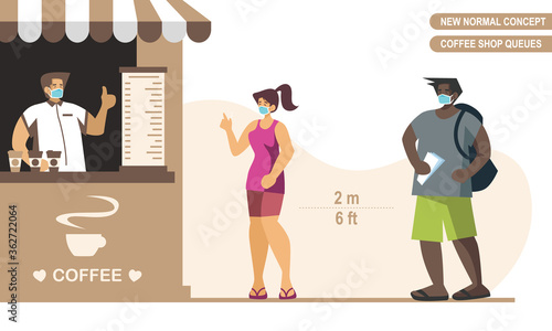 New normal physical distancing concept. People wear medical mask and keep distance at coffee shop queues to protect from COVID-19 Coronavirus. Scalable and editable flat style vector illustration.