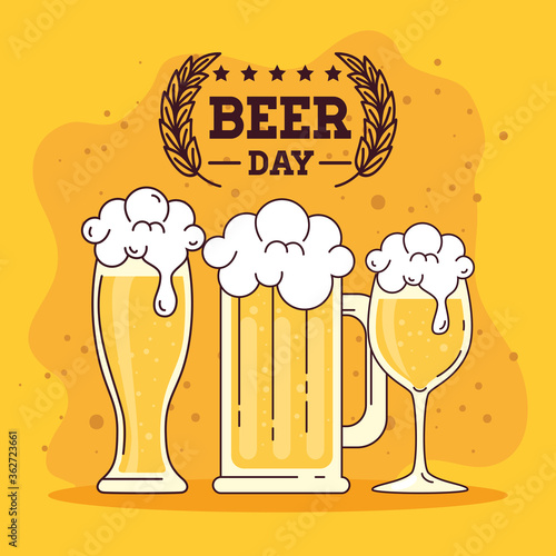 international beer day, august, glasses of beers vector illustration design