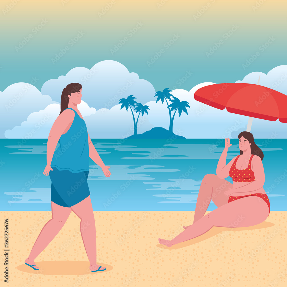 cute plump women with swimsuit on the beach, group friends on the beach, summer vacation season vector illustration design