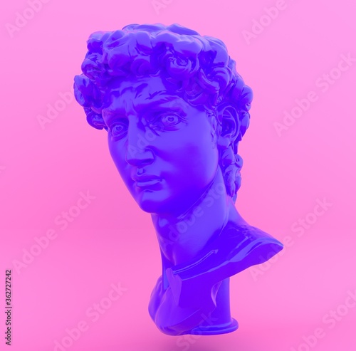 3D rendering of podium scene with bust made of pastel blue material on pink background. Vaporwave minimal style computer generated illustration.