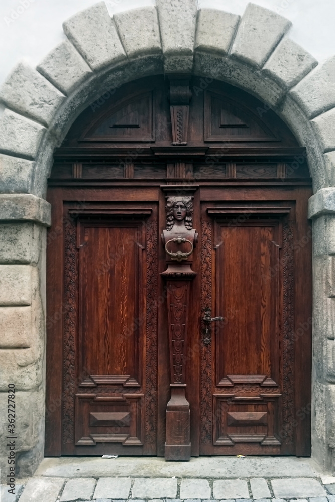 Old wooden door of Cesky Krumlov, Czech Republic..