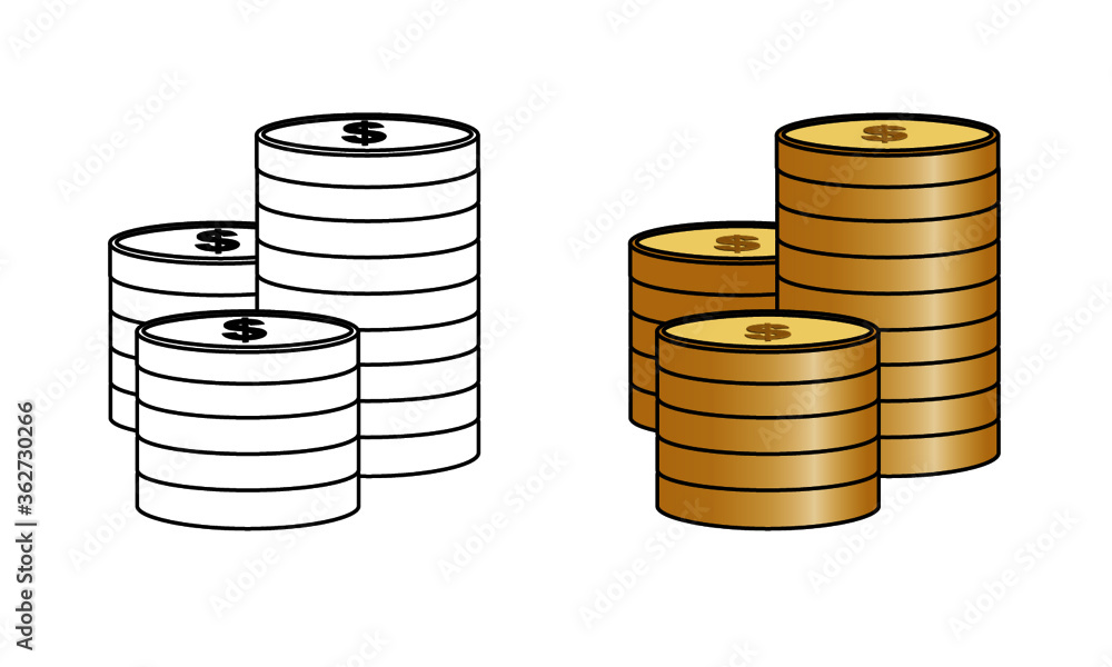 Stacks of coins, in black and white, and colour (gold). The stacks have the Dollar symbol, $, on them. Stacks of coins, in black and white, and colour (gold). The stacks have the Dollar symbol, $, on them.