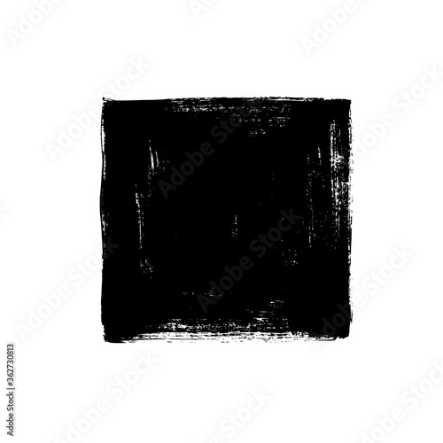 Black rough edge vector square box. Black painted square or rectangular shape. Hand drawn brush stroke isolated on white background. Dirty grunge design frame, border, template or background for text.