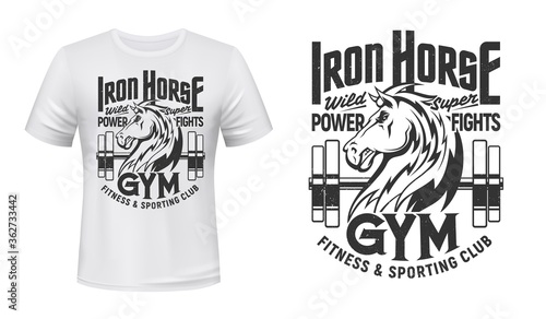 Horse stallion mustang. Vector mascot for gym, fitness club with mare animal, barbell and monochrome horse coat of arms on white apparel mockup. Sport team t-shirt template or heraldic symbol