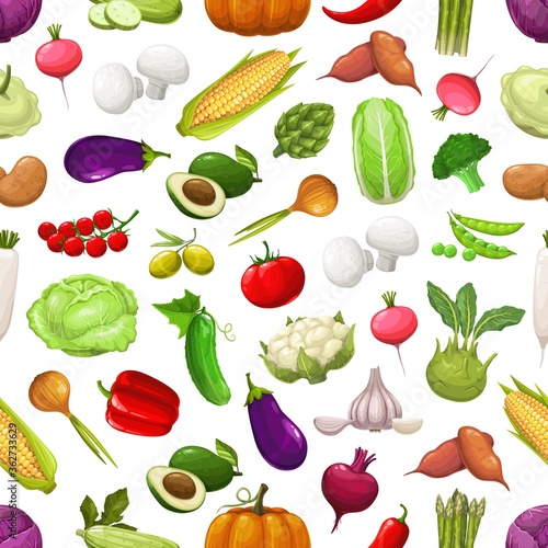 Farm vegetables and greenery seamless pattern. Vector avocado, asparagus, chili and bell pepper, eggplant, cucumber, onion, garlic and cabbage, radish. Fresh ripe veggies harvest on white background