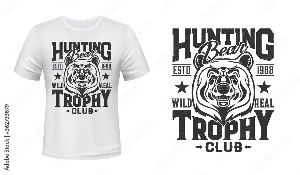 Wild grizzly bear t-shirt custom print vector mockup. Grizzly bear muzzle, dangerous predator head as hunting trophy. Hunting club member, hunter apparel custom design, retro print template Wild grizzly bear t-shirt custom print vector mockup. Grizzly bear muzzle, dangerous predator head as hunting trophy. Hunting club member, hunter apparel custom design, retro print template