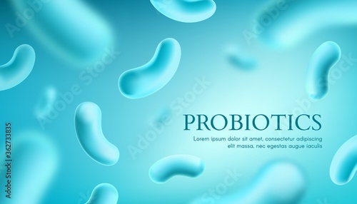 Probiotics vector background, lacto bacteria supplement, correct nutrition and digestion healthcare. Probiotcis micro lactobacillus acidophilus cells on blue backdrop for prebiotic food package design photo