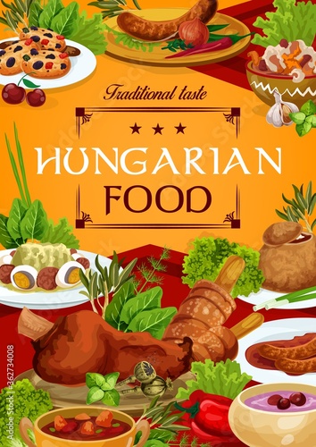 Hungary cuisine vector Hungarian food sausages with spicy sauce and onion, salad with egg, braised cabbage with pepper, cold cherry soup, sweet cookies with dried fruits, soup in bread dishes poster