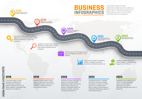 Business infographics, stages of road or pathway, development per year. Vector infographics report with graphs and diagrams on road chart. Development and growth with map pointers