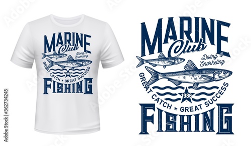 T-shirt print with anchovy fish, vector mascot for fishing sea adventure club. Nautic sketch marine fish on blue waves t-shirt emblem. Ocean sport team apparel template design with anchovy catch