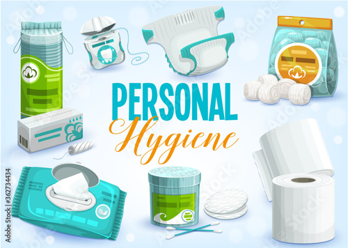 Personal hygiene products vector design of toilet paper rolls, cleansing towel or wet wipes, cotton wool balls, pads and swabs, dental floss, tampons and diaper. Bathroom accessories, sanitary items