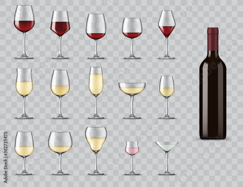 Types of wine glasses. Realistic bottle and glassware for white, red, rose wine, champagne and martini cocktail. Full, light and medium bodied glasses for alcohol drinks isolated 3d vector icons set photo