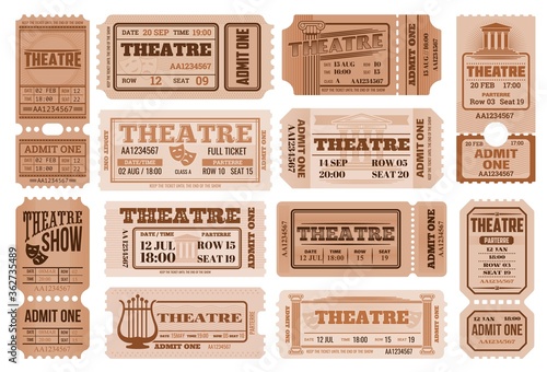 Theatre retro tickets, theater admits templates. Vector coupons performance access with date, time, seat and row number, price and separation line. Vintage paper cards set for entertainment entry