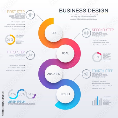 Business infographic with round elements and info steps, vector chart and graph. Infodata visualization diagrams and statistics flowchart information. Business infographics, data presentation design