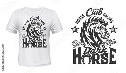 Equestrian sport t-shirt print with steed stallion, horse racing vector mascot. Stallion monochrome animal and grunge lettering with horseshoe on white apparel. Horseback riding sport