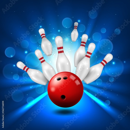 Canvastavla Bowling alley, skittles and ball in ninepin strike, vector poster background
