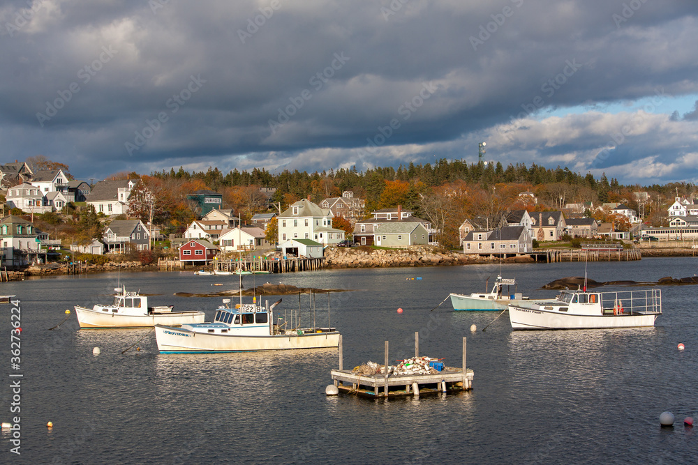 Stongington, Maine;  Lobster boats anchored in Stonington bay with New England style houses on the shore in the background.