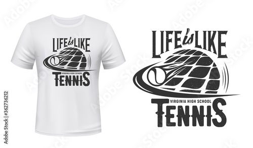 Tennis sport t-shirt print vector mockup. Tennis ball flying with speed after racket kick and typography. Sport club or school, competition, championship or tournament player apparel vector print