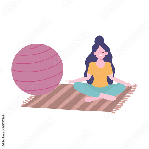stay at home, girl in meditation yoga pose, self isolation, activities in quarantine for coronavirus