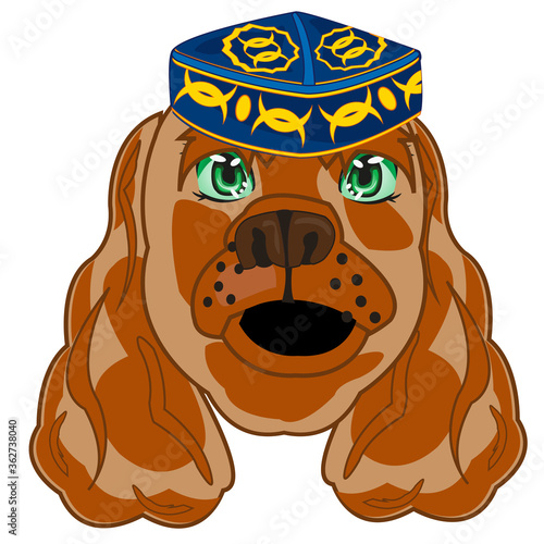 Cartoon of the head animal dog in uzbek headdress