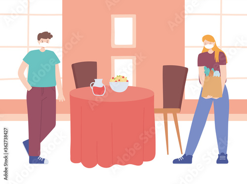 man and woman characters wearing medical face mask maintain social distancing to prevent covid 19 coronavirus