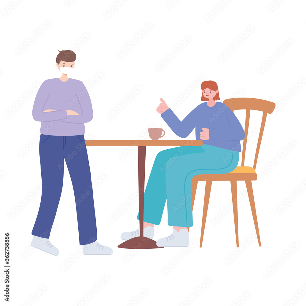 restaurant social distancing, woman with coffee cup and man with medical mask, covid 19 coronavirus restaurant social distancing, woman with coffee cup and man with medical mask, covid 19 coronavirus