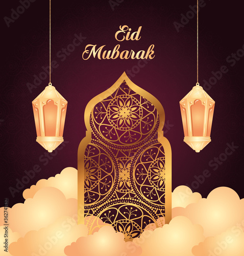 eid al adha mubarak, happy sacrifice feast, with arab window and lanterns hanging vector illustration design