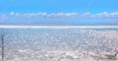 Beautiful landscape with panoramic view of Salt Lake and amazing white clouds on the foreground golden wheat field - Ankara  Turkey