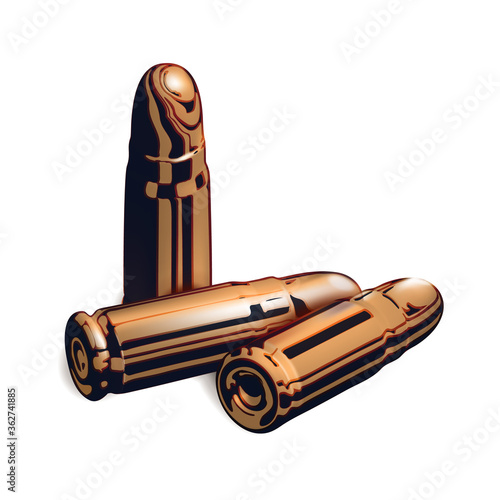 Composition from Three 3d golden or brass pistol cartridges. Isolated realistic on white background. Isolated gold cartridge with a bullet cartoon. Handgun ammo. Vector illustration.