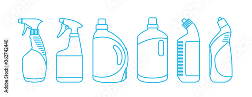Cleaning product plastic container for house clean. Bottles of cleaning products. Line Style stock vector.