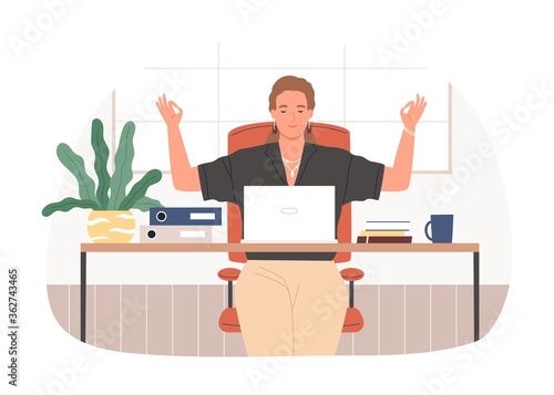 Businesswoman with closed eyes meditating at workplace vector flat illustration. Relaxed female sitting at desk with laptop practicing yoga isolated on white. Woman during stress relief at office