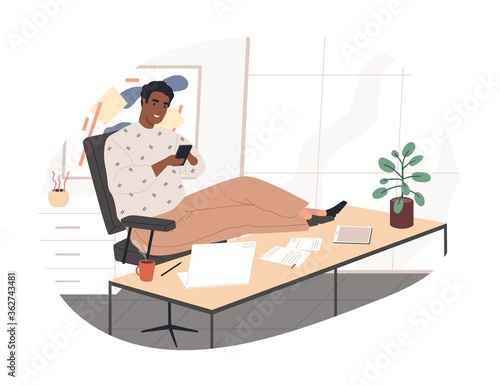Cheerful black guy chatting use smartphone during work vector flat illustration. Smiling male putting legs on desk enjoying break at office isolated on white. Relaxed man procrastinating at workplace
