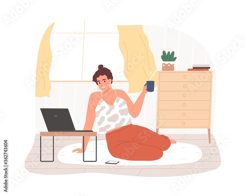 Smiling woman sitting on floor use laptop at comfortable home vector flat illustration. Happy freelancer female working remotely isolated. Cheerful girl hold hot tea enjoy internet entertainment