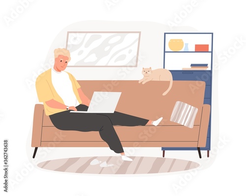 Freelancer guy sitting on couch working remotely use laptop vector flat illustration. Male relaxing in living room chatting at social networks or surfing internet isolated. Man spending time at home