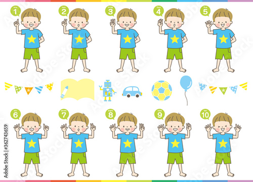 英語で1から10までの数える男の子の表情セット
