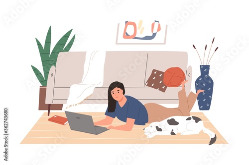 Freelancer girl working remotely lying on floor at cozy living room vector flat illustration. Modern female relaxing with dog use laptop isolated on white. Woman chatting or surfing internet at home