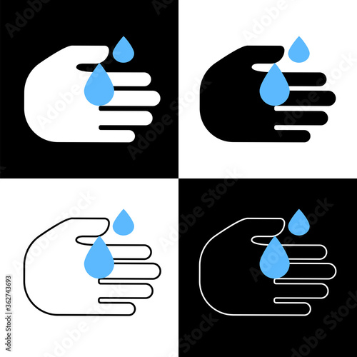 Icon wash hands. A drop of water disinfector on the hands. Hygienic cleanliness and palm care. Disinfection symbol silhouette. Vector image. Stock photo.