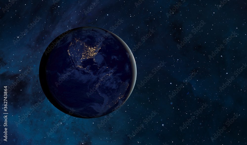 View of Earth from outer space with millions of stars around it View of Earth from outer space with millions of stars around it