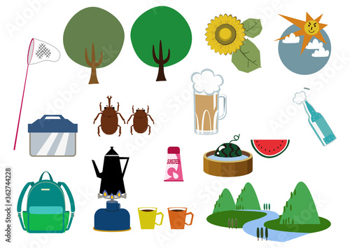 夏の山の素材集。季節のアイコン。