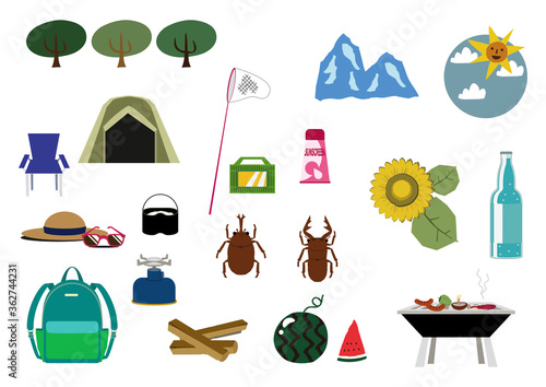 夏の山の素材集。季節のアイコン。