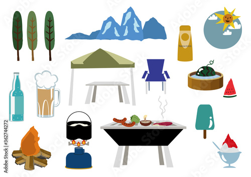 夏の山の素材集。季節のアイコン。