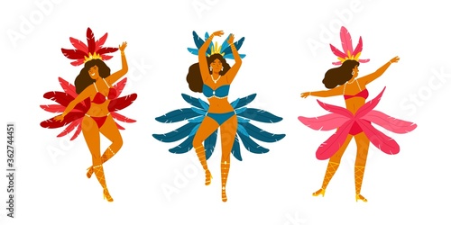 Set of woman in colorful Brazilian carnival costumes dancing samba vector flat illustration. Latino girl wearing bright apparel with feather isolated. Festive dancers female demonstrate motions