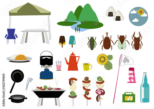 夏の山の素材集。季節のアイコン。