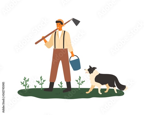 Cute male farmer holding hoe and bucket vector flat illustration. Smiling agricultural worker standing with dog on green grass with plants isolated on white. Agronomic man at farmland