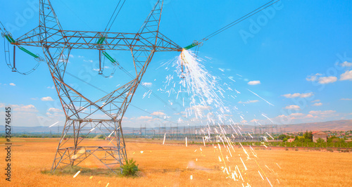 Obraz na plátně High Voltage electric substation with transformers - Electrical short circuit An