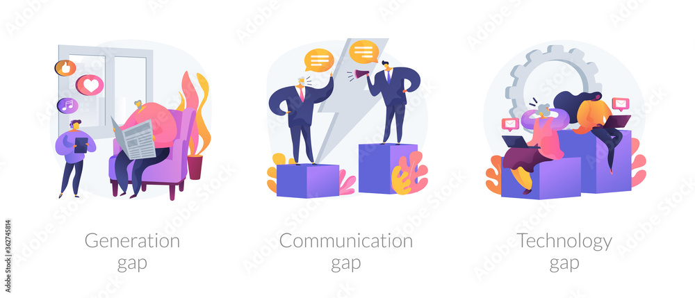 People diversity abstract concept vector illustration set. Generation and communication gap, technology gap, society development, information exchange, digital divide, relationship abstract metaphor. People diversity abstract concept vector illustration set. Generation and communication gap, technology gap, society development, information exchange, digital divide, relationship abstract metaphor.