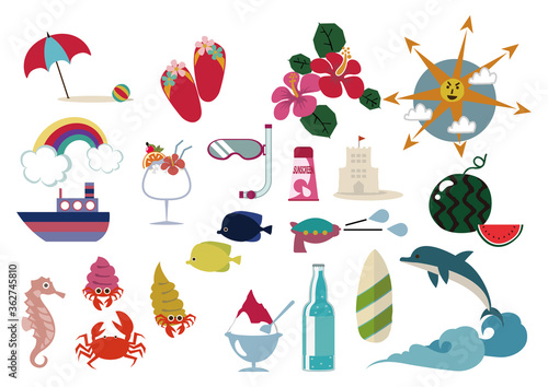 夏の海の素材集。季節のアイコン。
