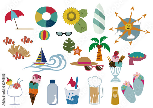 夏の海の素材集。季節のアイコン。